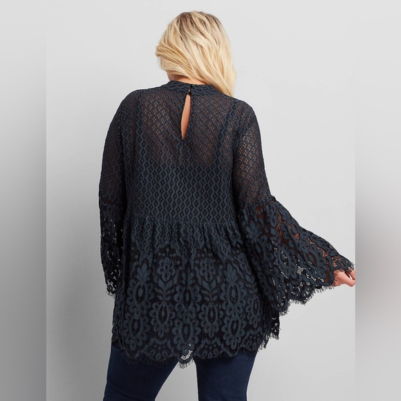 Lane Bryant Babydoll Tunic Top Women 16 Blue Lace Bell Sleeve Cottagecore Fairy - Picture 2 of 13